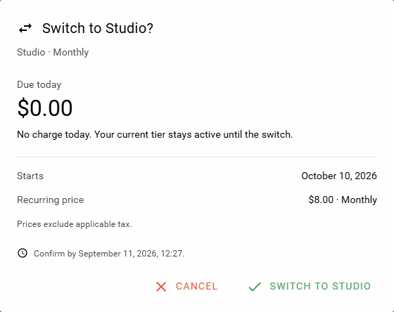 Subscription change review showing the amount due, start date, and recurring price