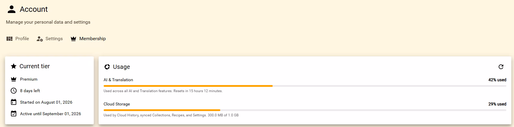Membership tab showing the current Premium tier and account usage