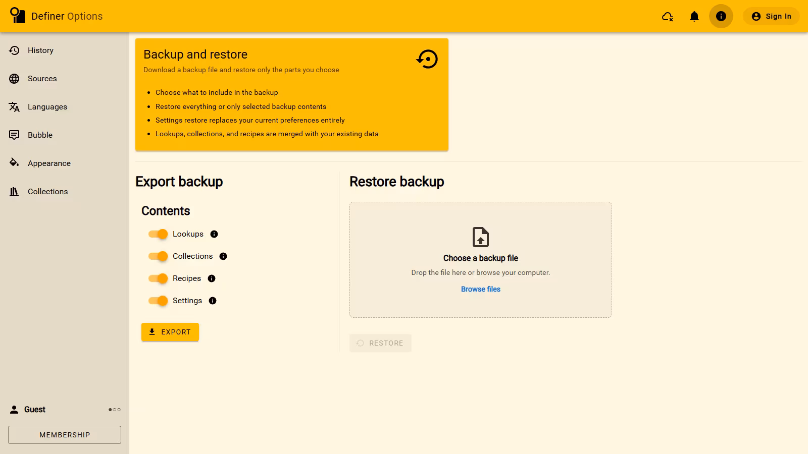 Backup and restore page with all export contents selected