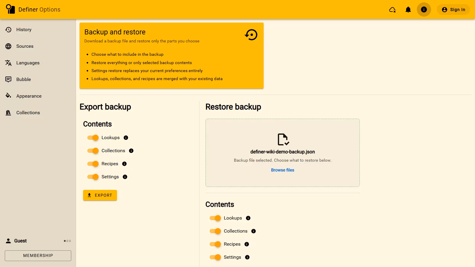 The full Backup page with a demonstration file selected and all available restore contents shown at normal Options scale