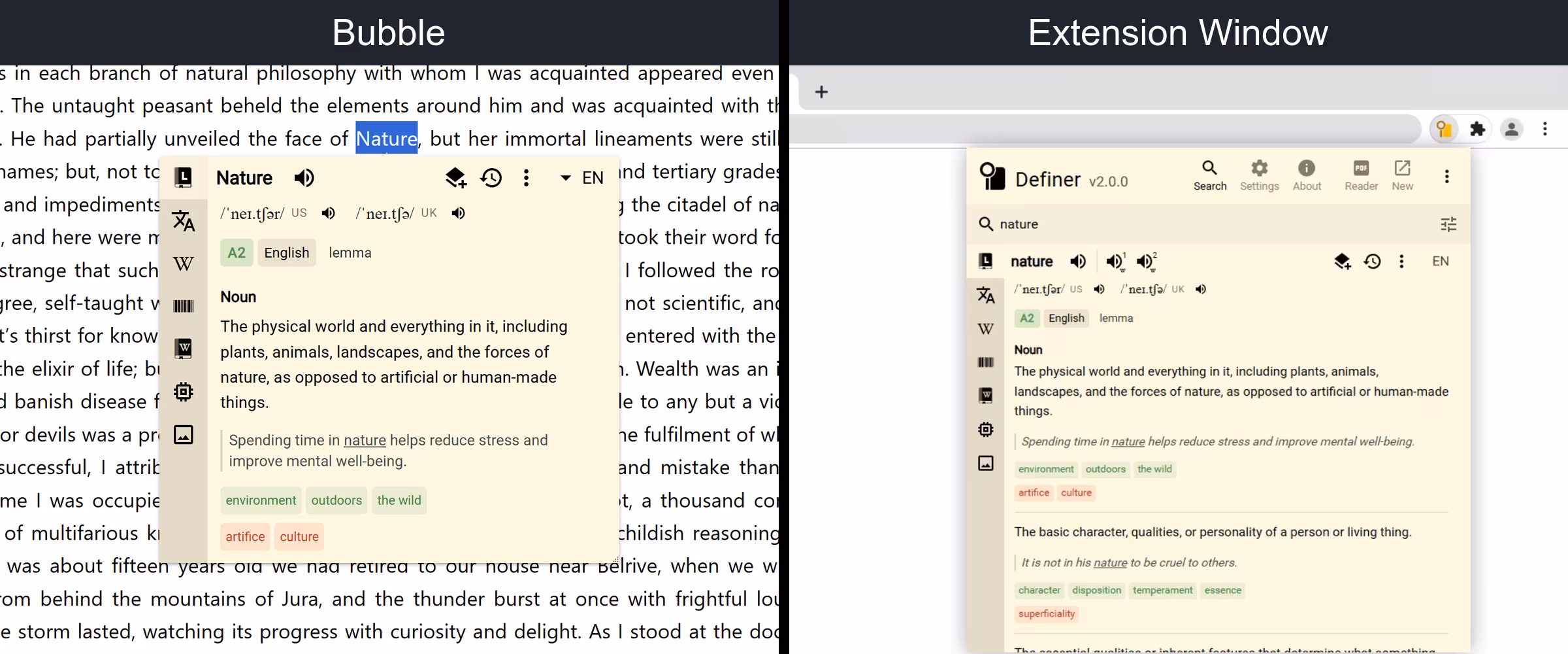 A selected-text Bubble beside the same Lumtionary result typed in the browser-toolbar Extension Window