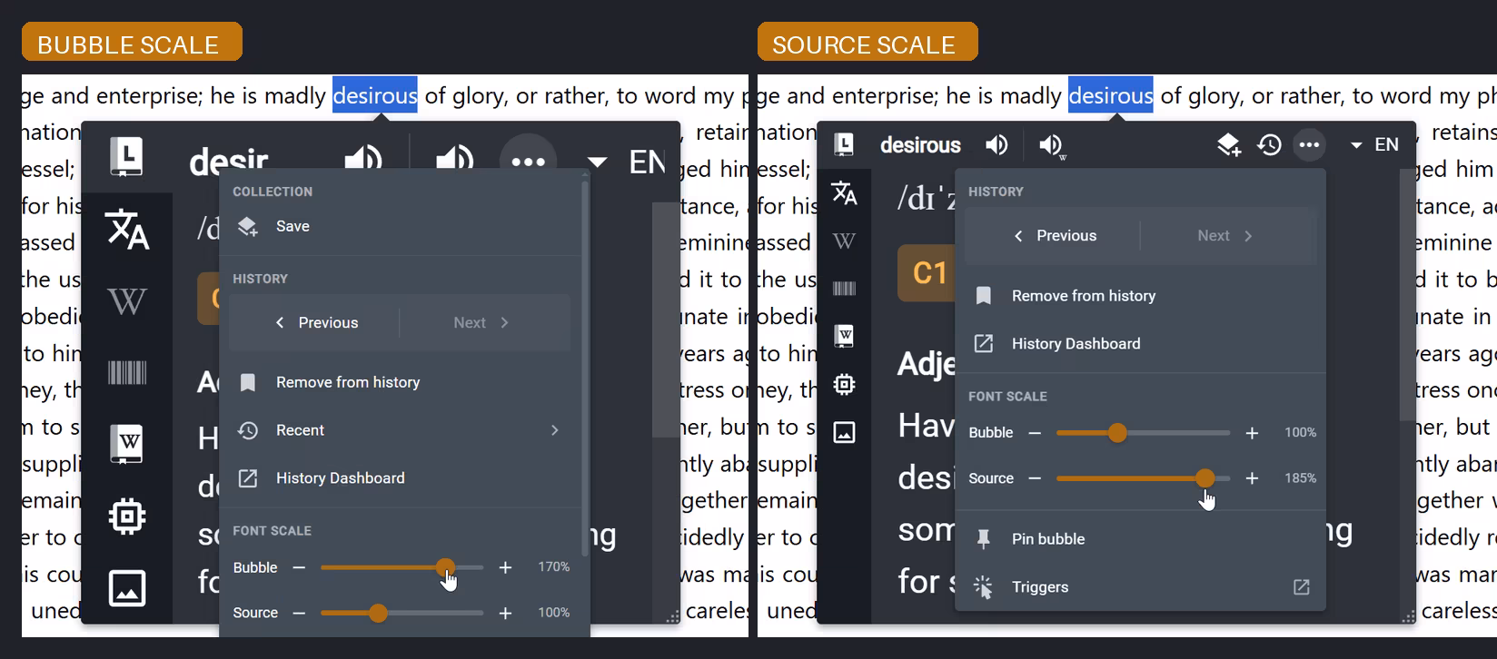 A comparison of changing the whole Bubble font scale and changing only the current source scale