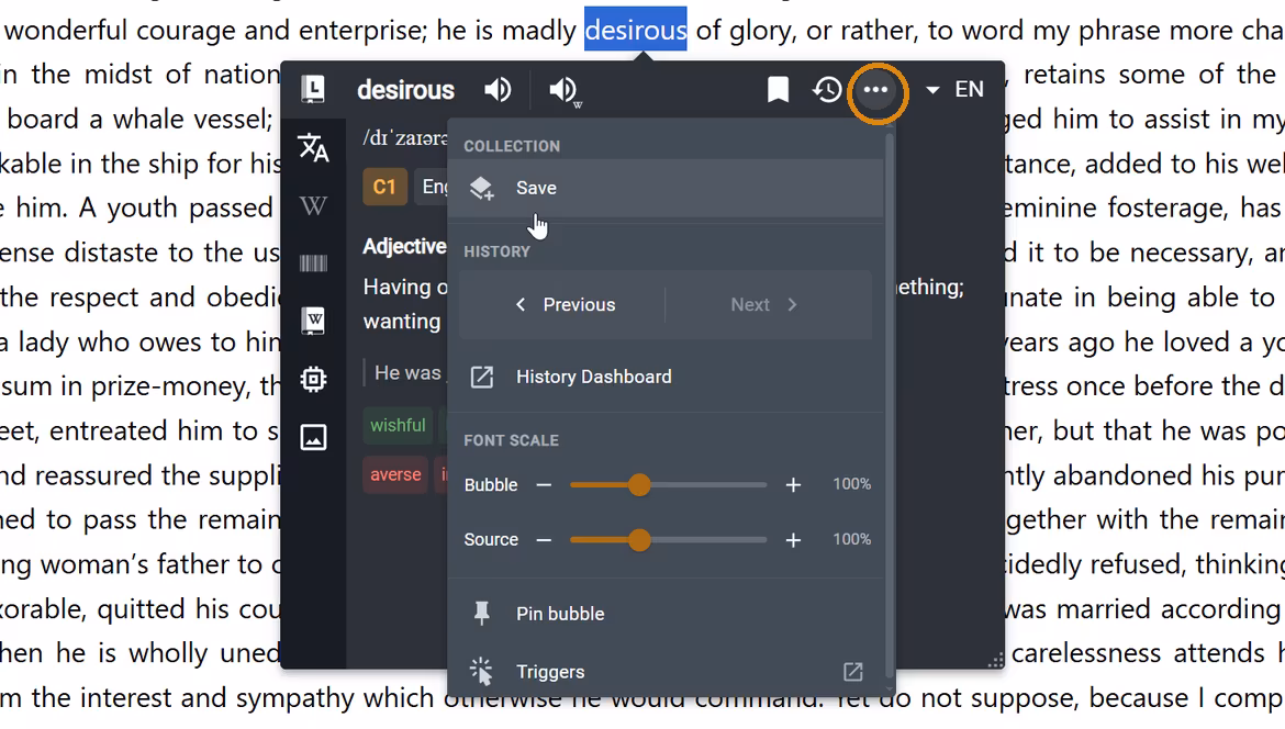 The More actions menu open inside a Definer Bubble