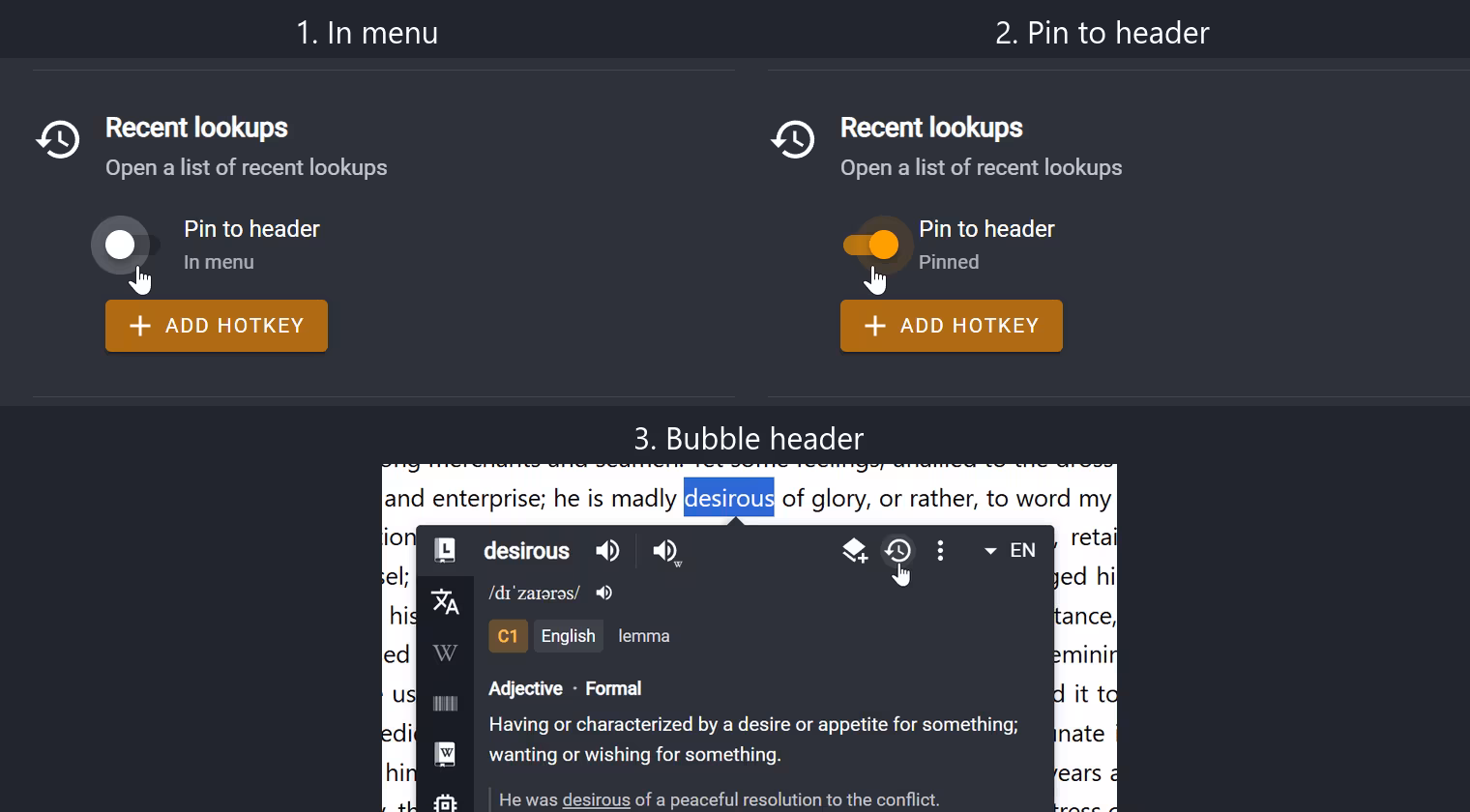 Recent lookups moved from More actions into the Bubble header