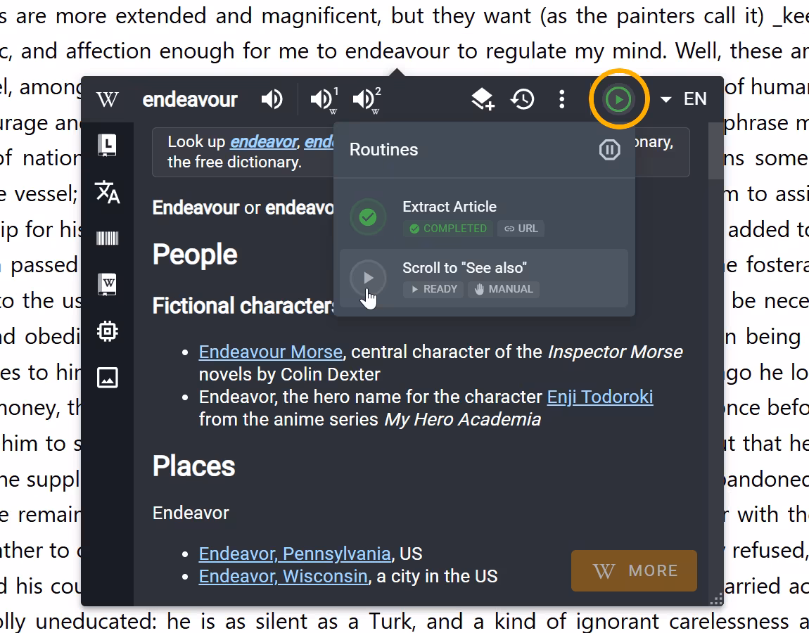 The Routines menu showing completed and ready source actions