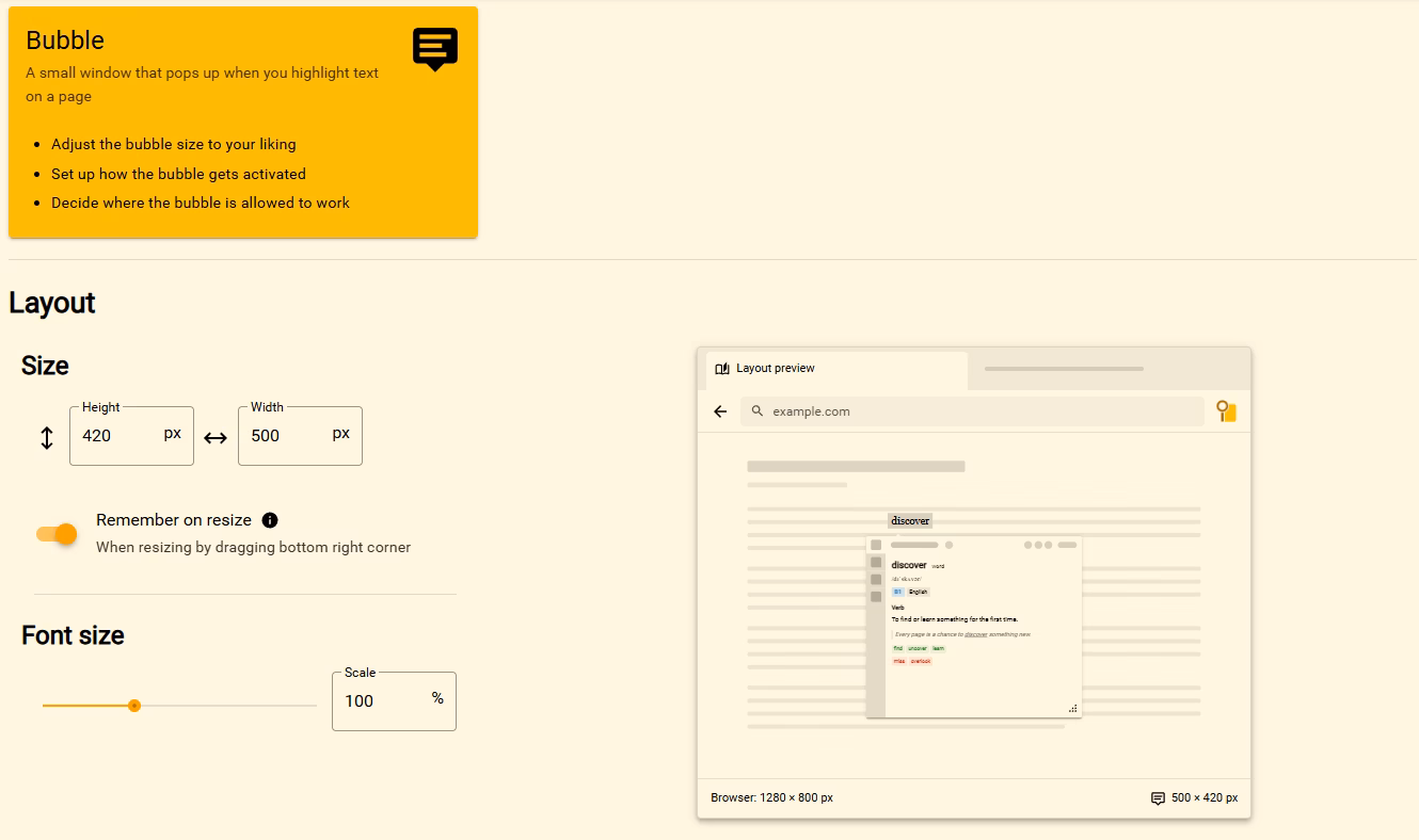 Definer Options Bubble Layout settings showing Height, Width, Remember on resize, and Font size