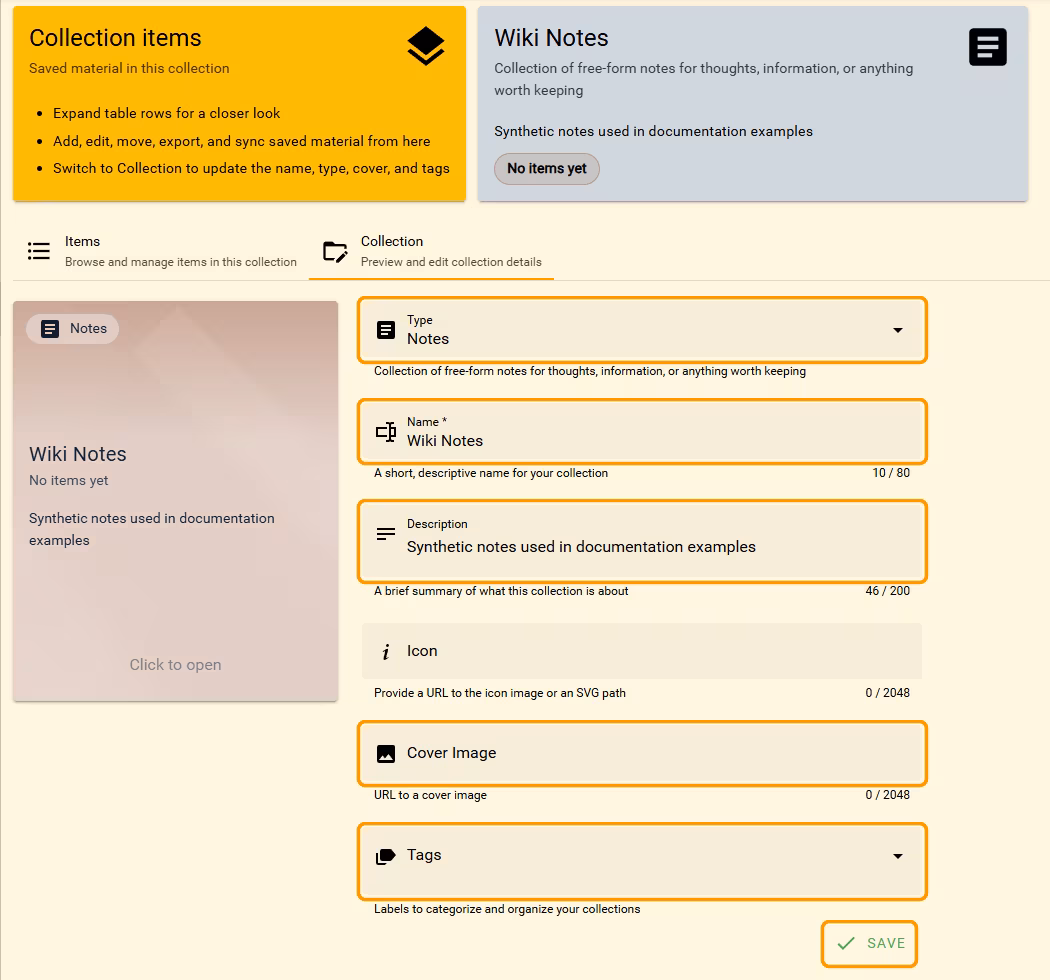 Collection tab with orange outlines around Type, Name, Description, Cover Image, Tags, and Save