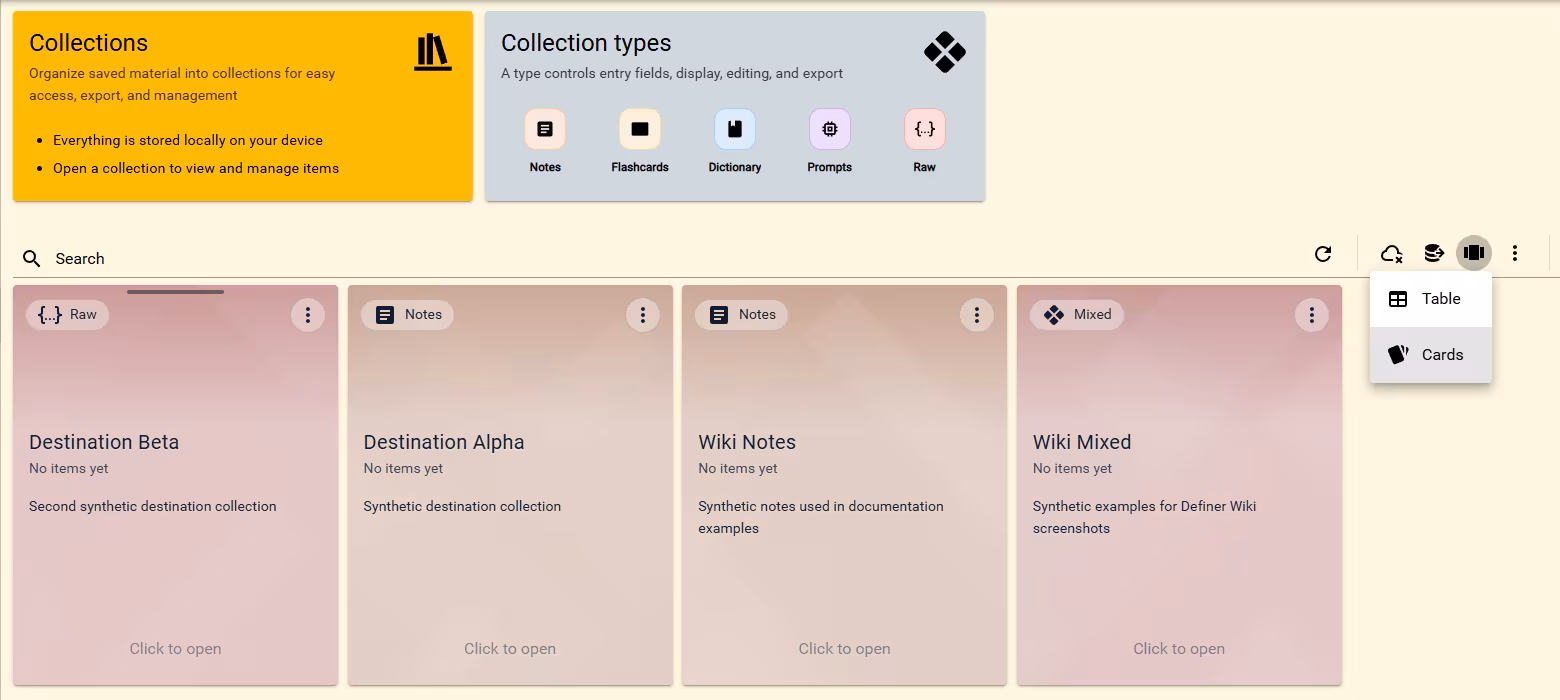 Collections page with Search, the Table and Cards layout menu, and a visible Collection drag handle