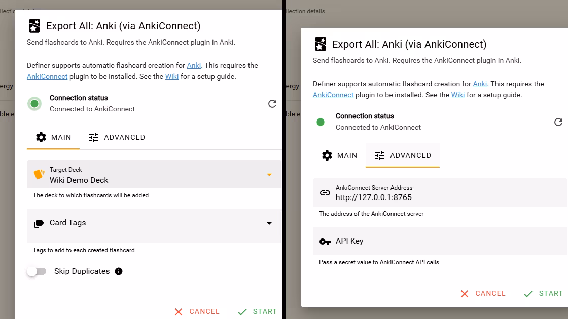 Connected Anki export dialog showing Main controls and Advanced connection settings with an empty API key