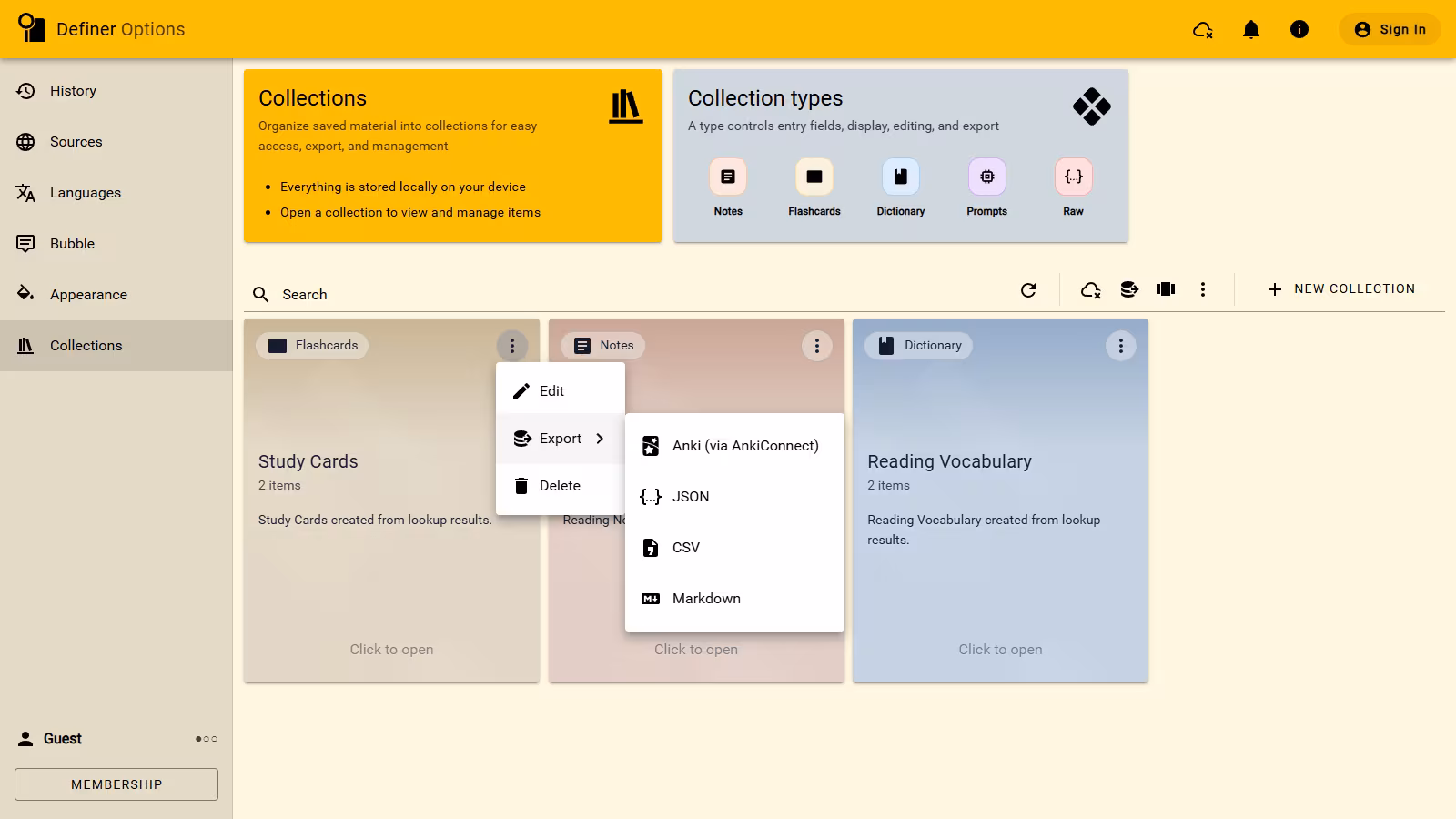 The full Collections page with one Collection's Actions menu and Export targets open