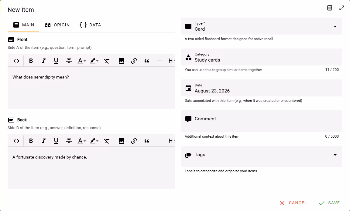 A Card in Visual Editor with its Front and Back filled in