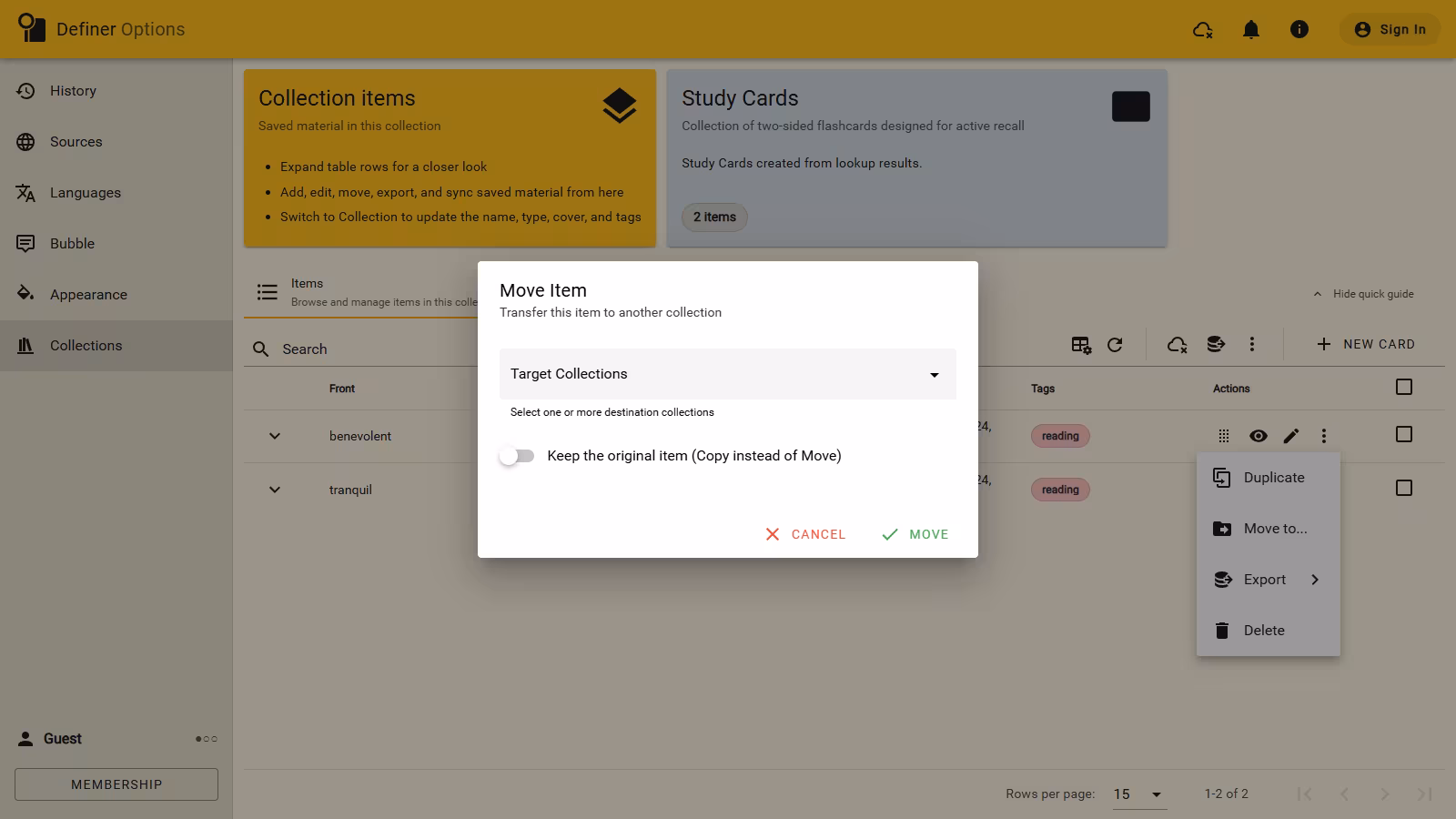 The full Collection Items page with an item Actions menu and the Move Item dialog open at normal Options scale