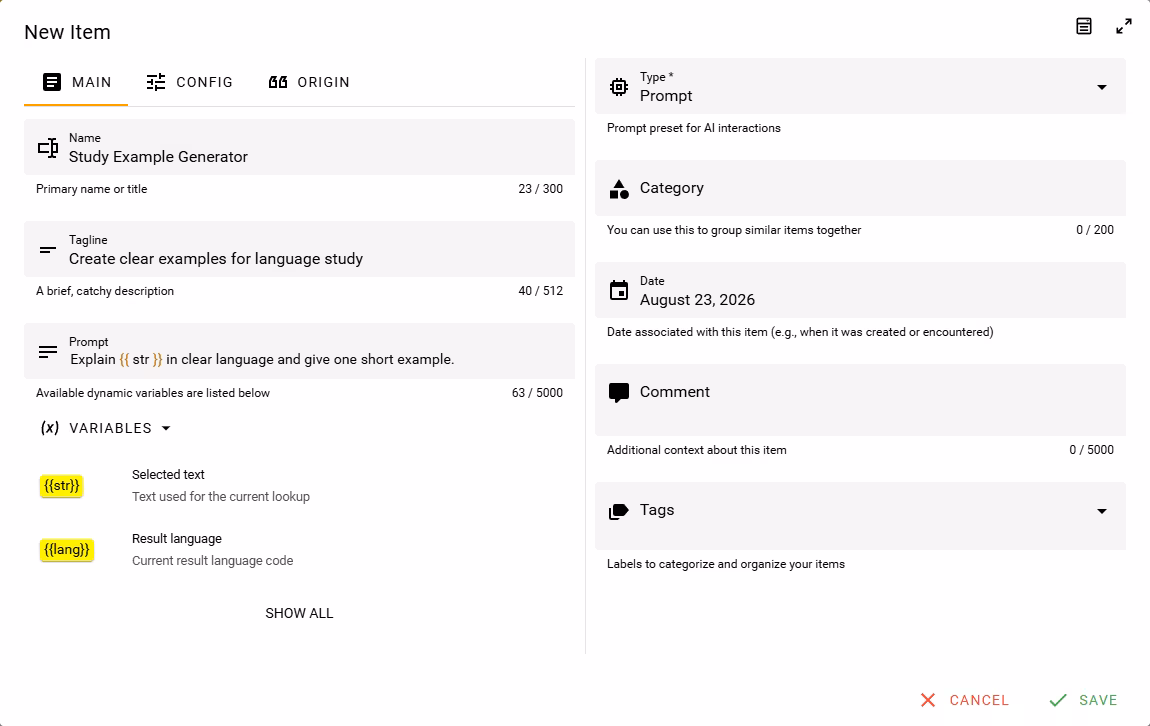 Study Example Generator in the Prompt item editor with Main, Config, Origin, Type, and Save visible