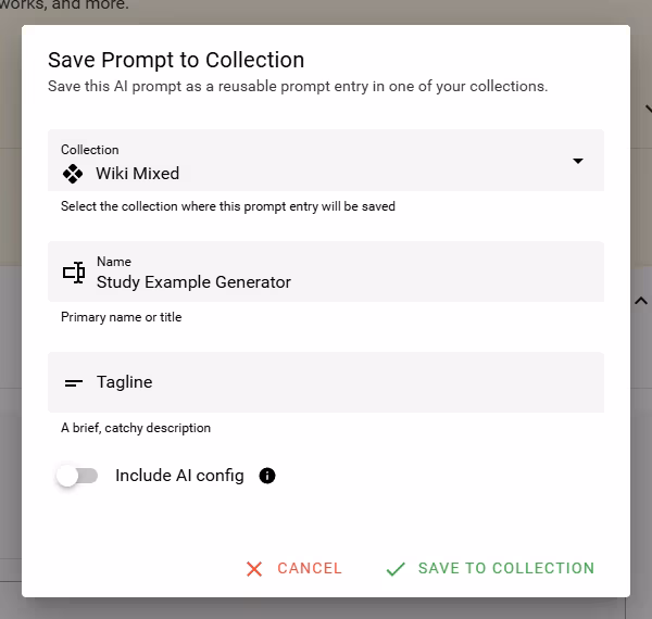 Save Prompt to Collection with the destination, name, and Include AI config choice visible