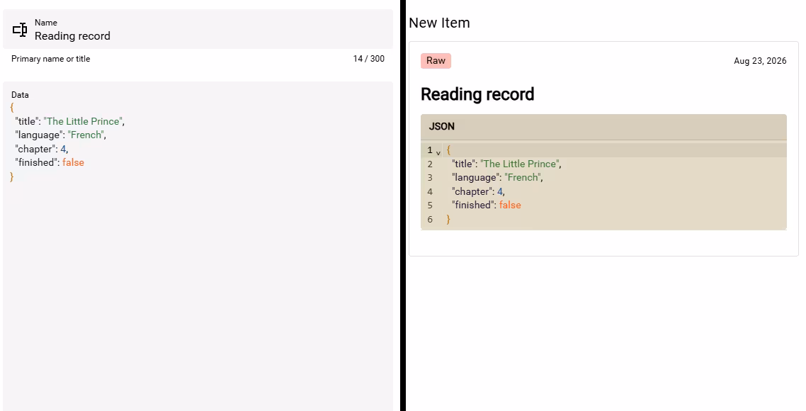 Reading record JSON accepted in a Raw item's Data field and shown in Preview