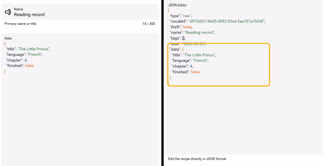 Raw item Visual Editor compared with the complete JSON Editor, with the nested Data object highlighted