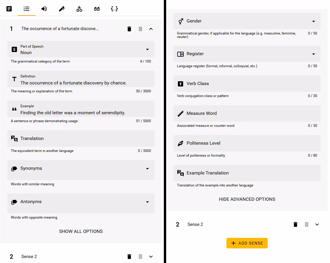 The selected Senses tab with two meanings and drag handles, followed by advanced fields and Add sense