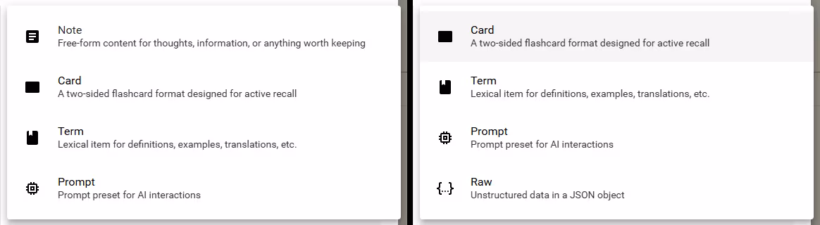 Collection item Type picker at the top showing Note, Card, Term, and Prompt, followed by its scrolled state showing Card, Term, Prompt, and Raw