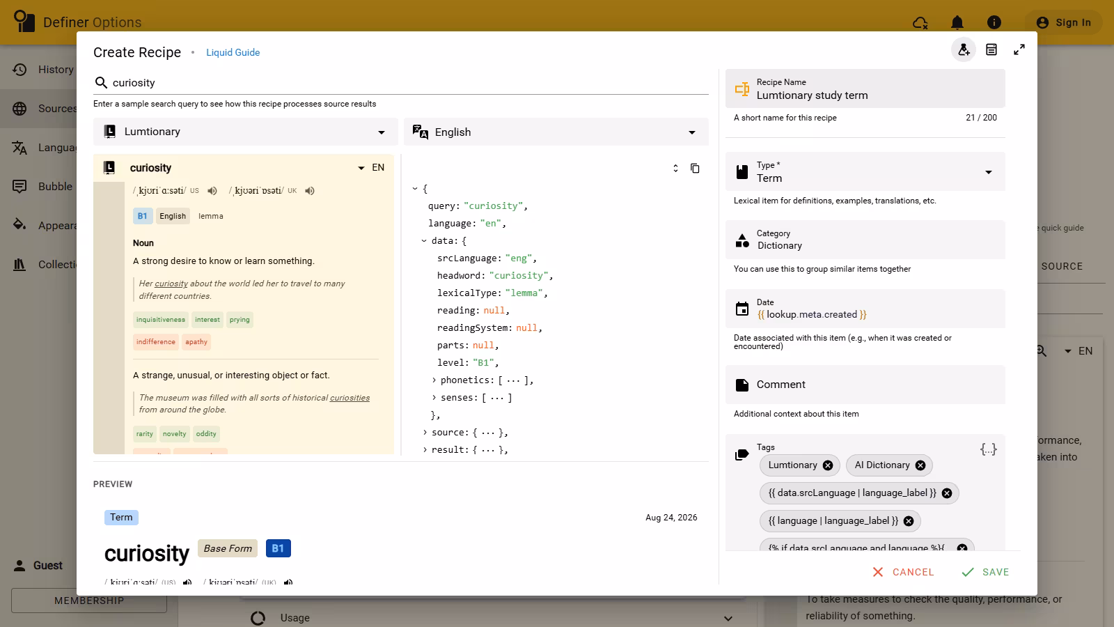 The full Recipe editor loaded with the built-in Lumtionary Term Recipe, a curiosity result, structured preview, mappings, and Save control