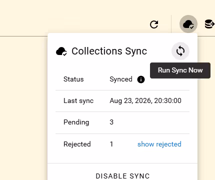 Open Collections Sync status menu showing status, last sync, pending and rejected counts, and Run Sync Now