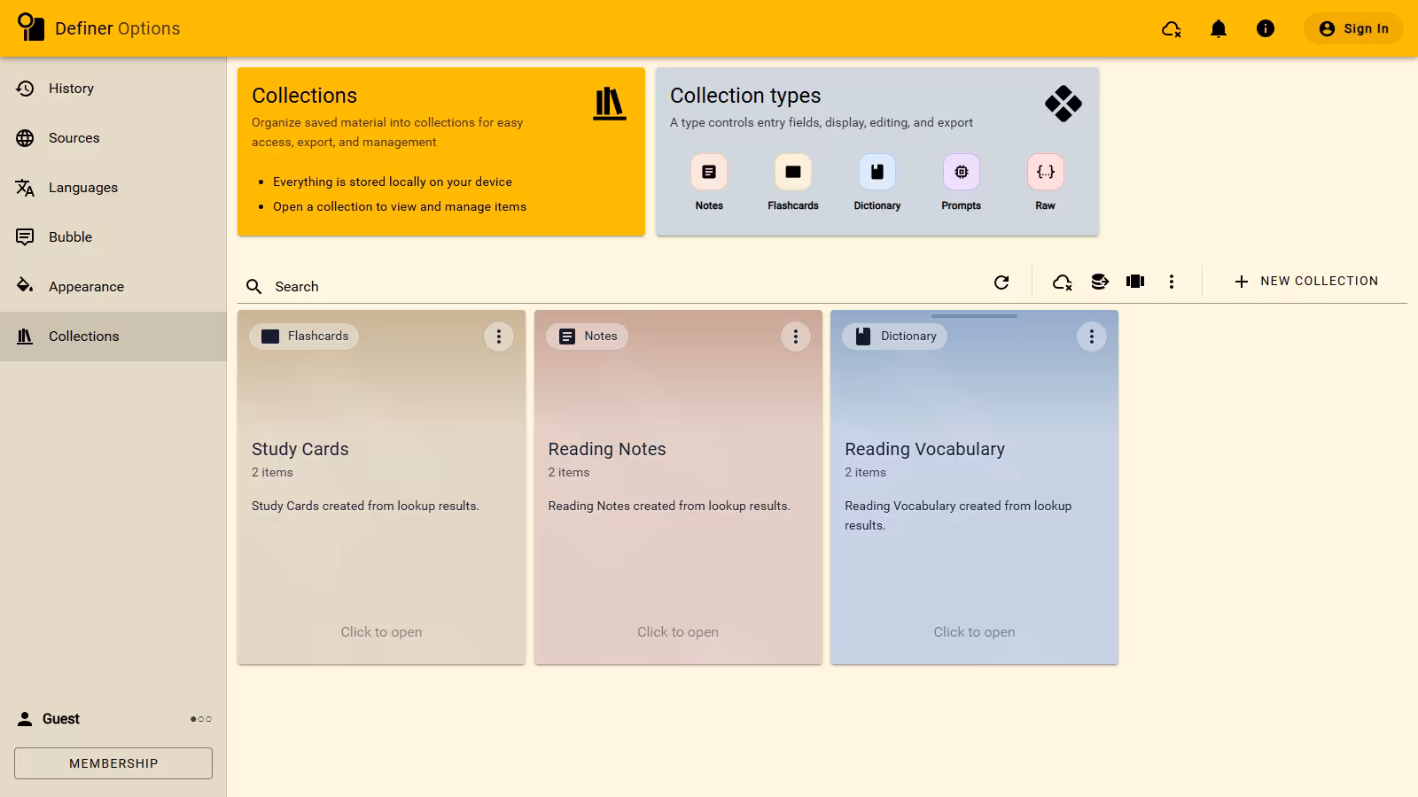 A populated Collections page with the Collections cloud control visible in the toolbar