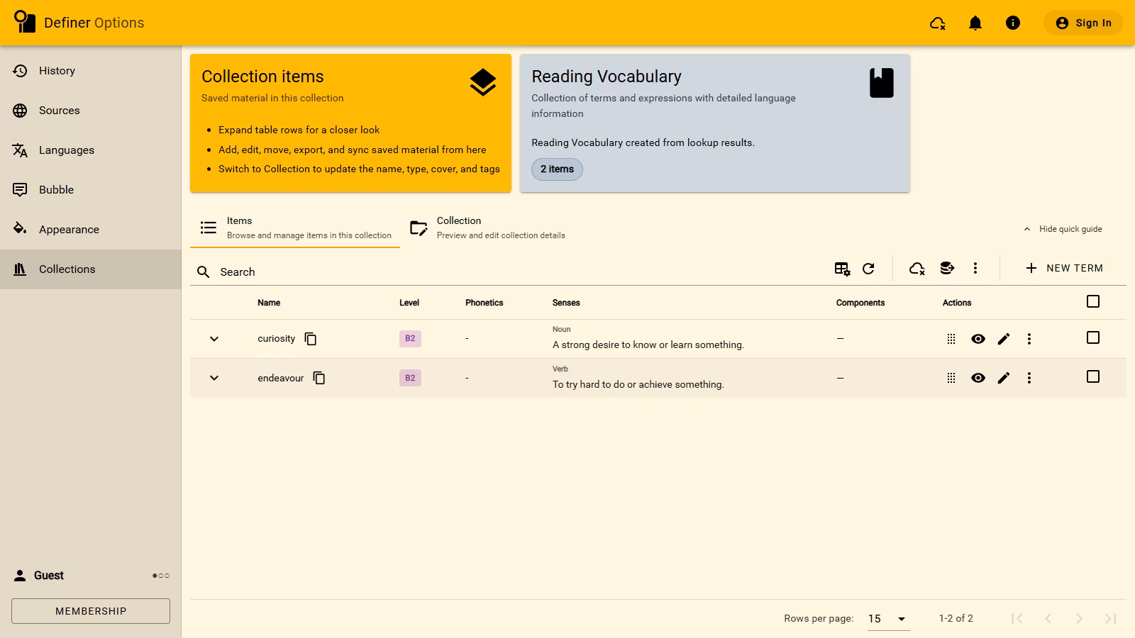 A populated Reading Vocabulary item list with the items cloud control visible in the toolbar