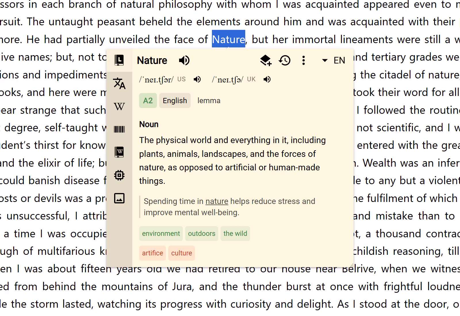 A normal Definer Bubble open beside selected text, with a Lumtionary definition visible