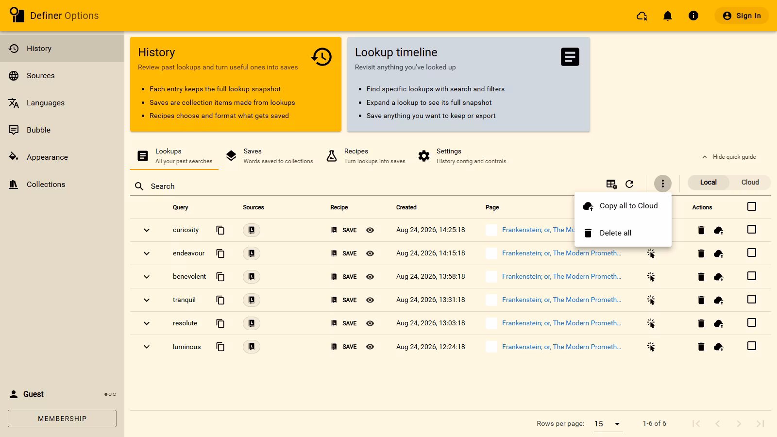 The full Definer Options frame showing the populated Local History timeline with its Actions menu open