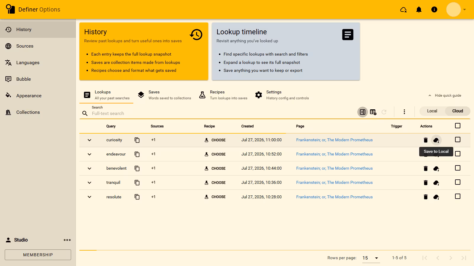 The full Definer Options frame showing populated Cloud History and the Save to Local action