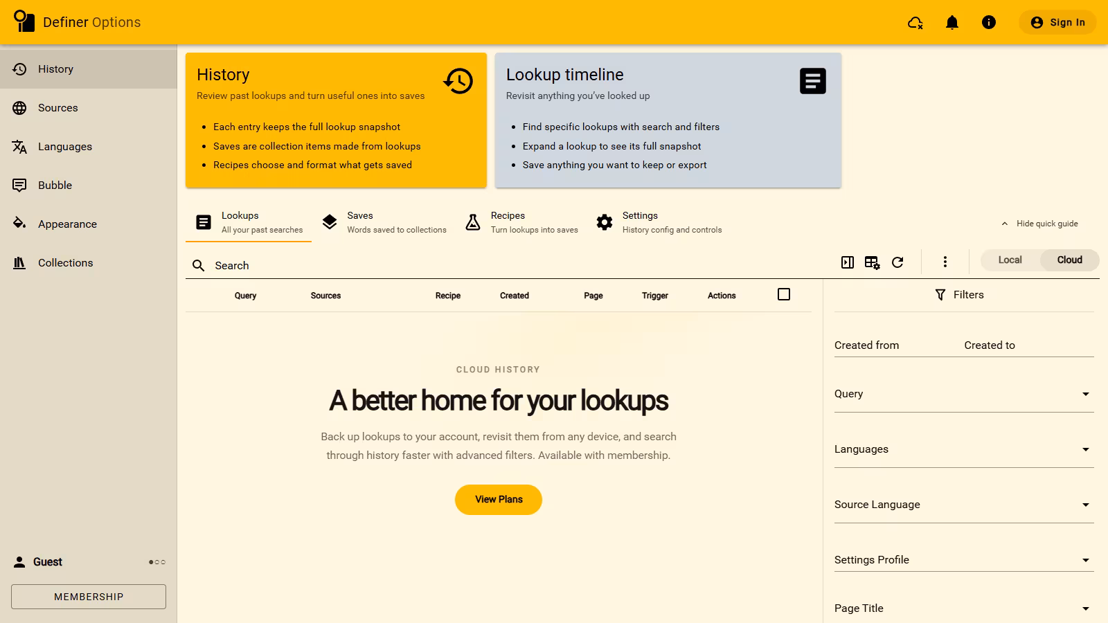The full Definer Options frame showing the Cloud History membership screen and its advanced filters