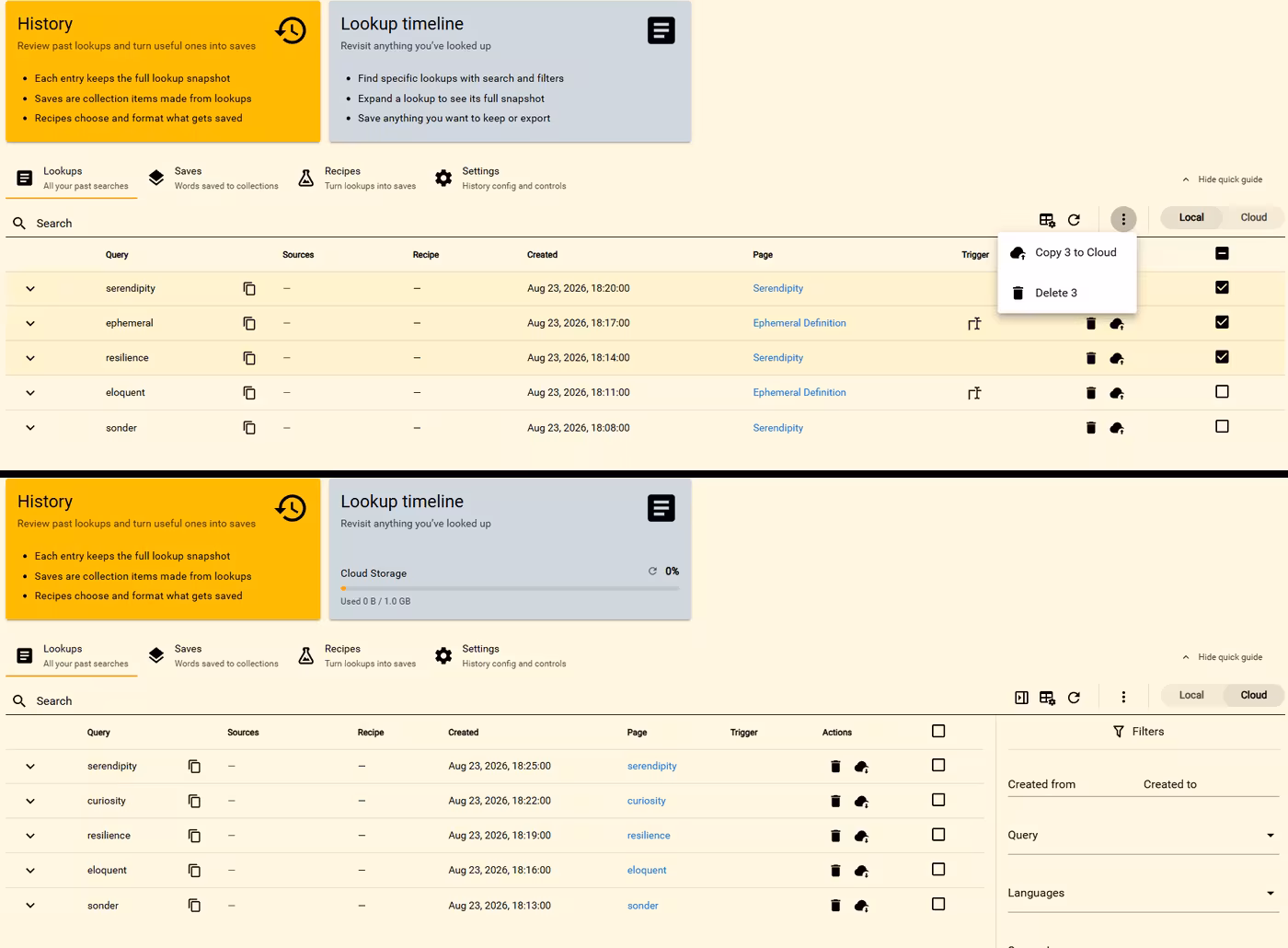 Three selected lookups copied to Cloud History, followed by the destination list