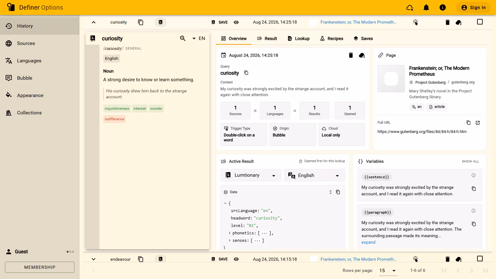 The full Definer Options frame showing an expanded lookup with its result and recorded details