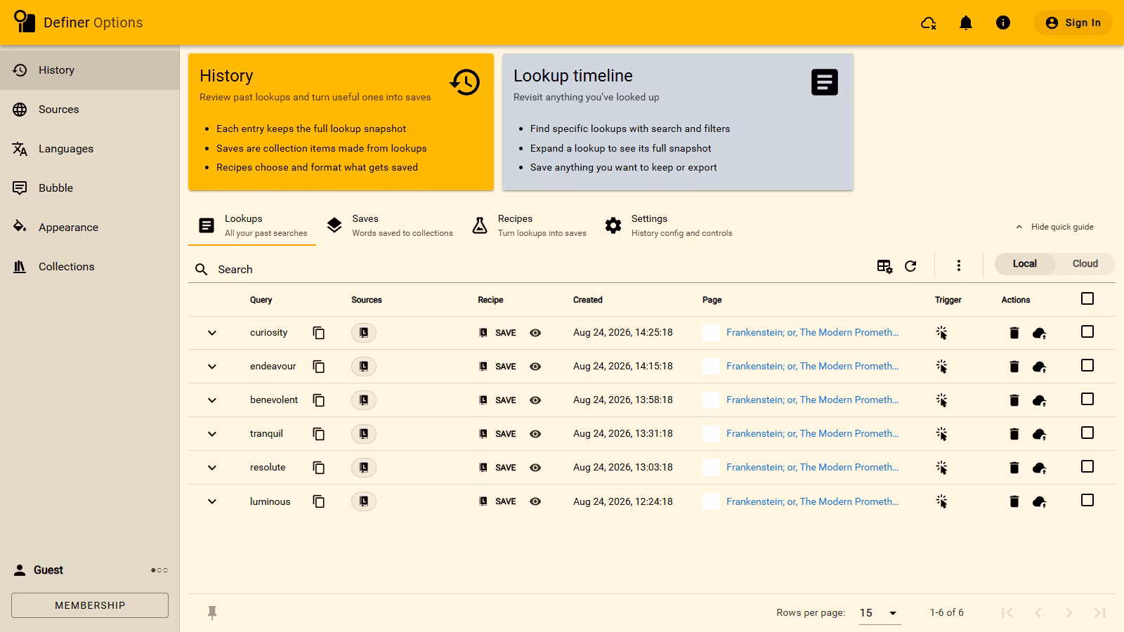 The full Definer Options frame showing the History Lookups page with a populated timeline