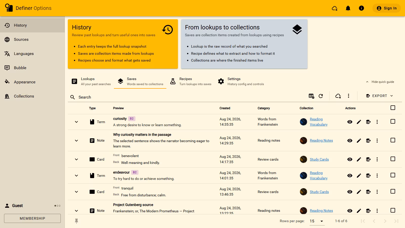 The full Definer Options frame showing Cards, Notes, and Terms on the Saves page