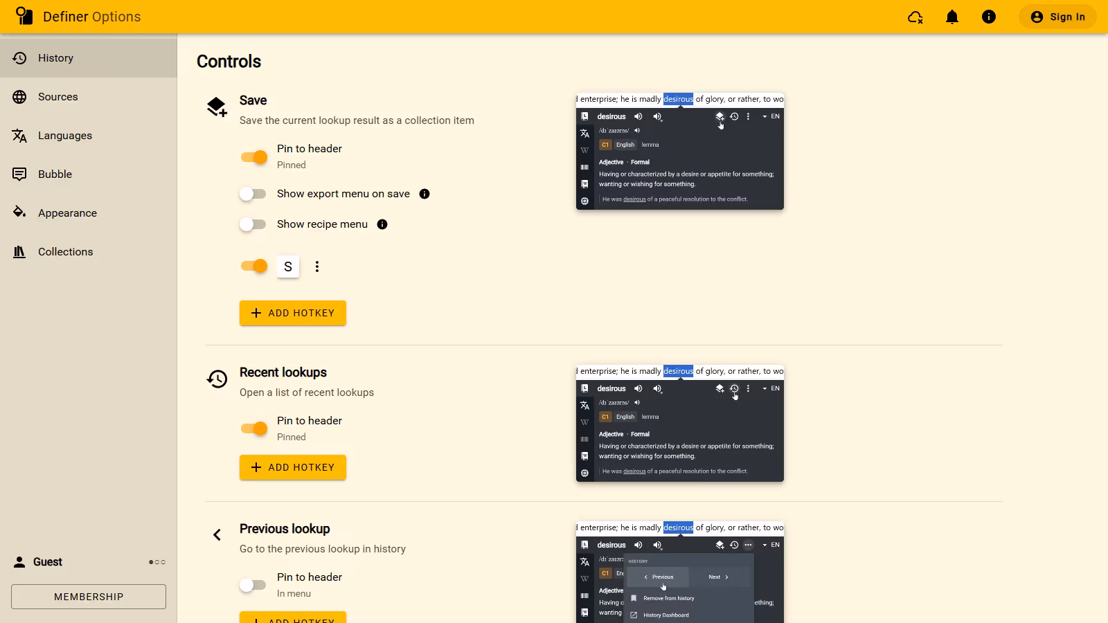 The full Definer Options frame showing History control placements, Save options, and the result previews on the right