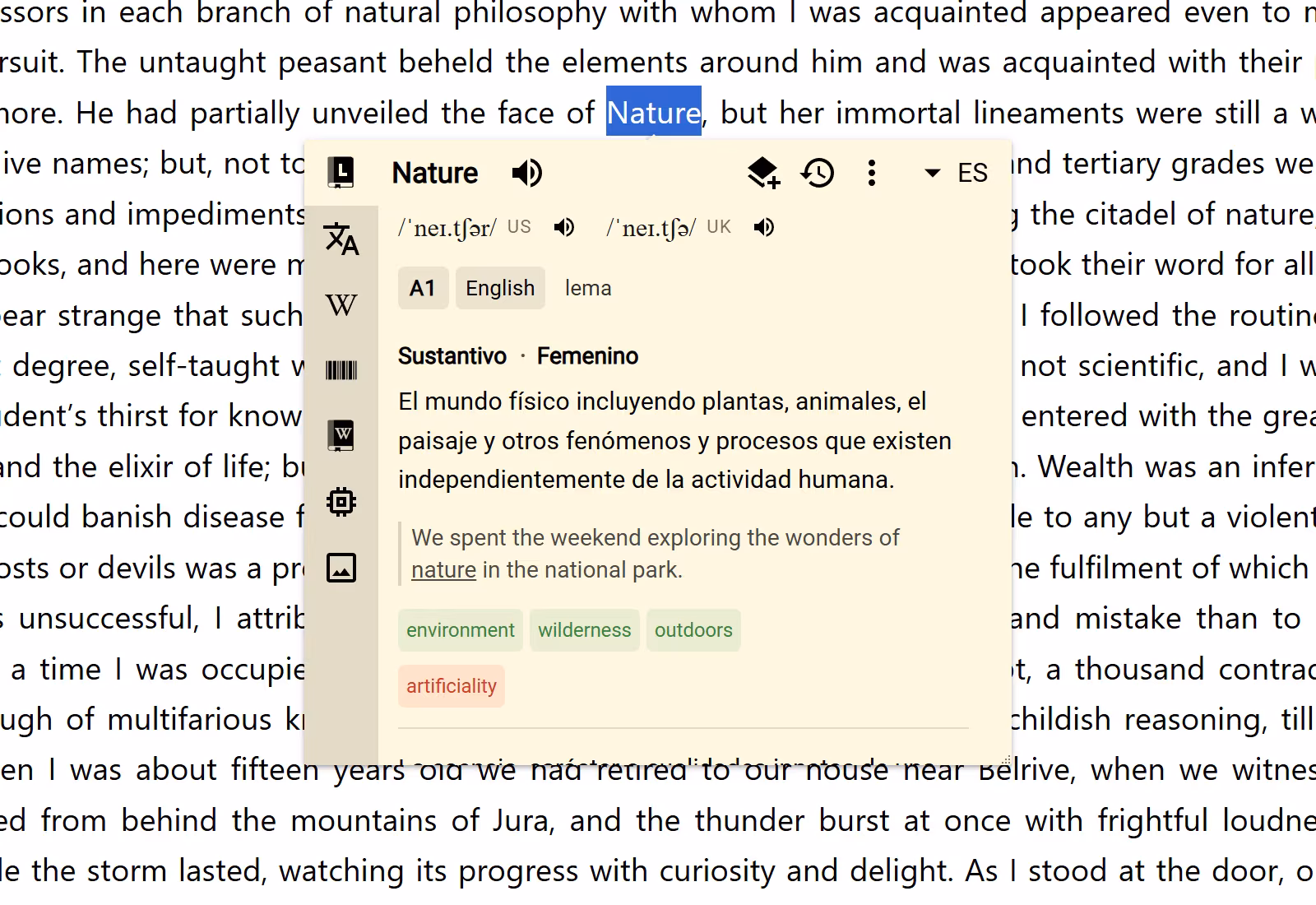 The same normal unpinned Lumtionary Bubble showing the result in Spanish with the ES language code
