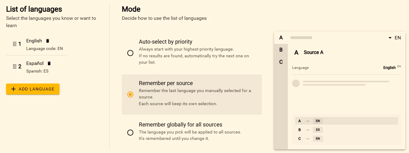Result language modes with Remember per source selected