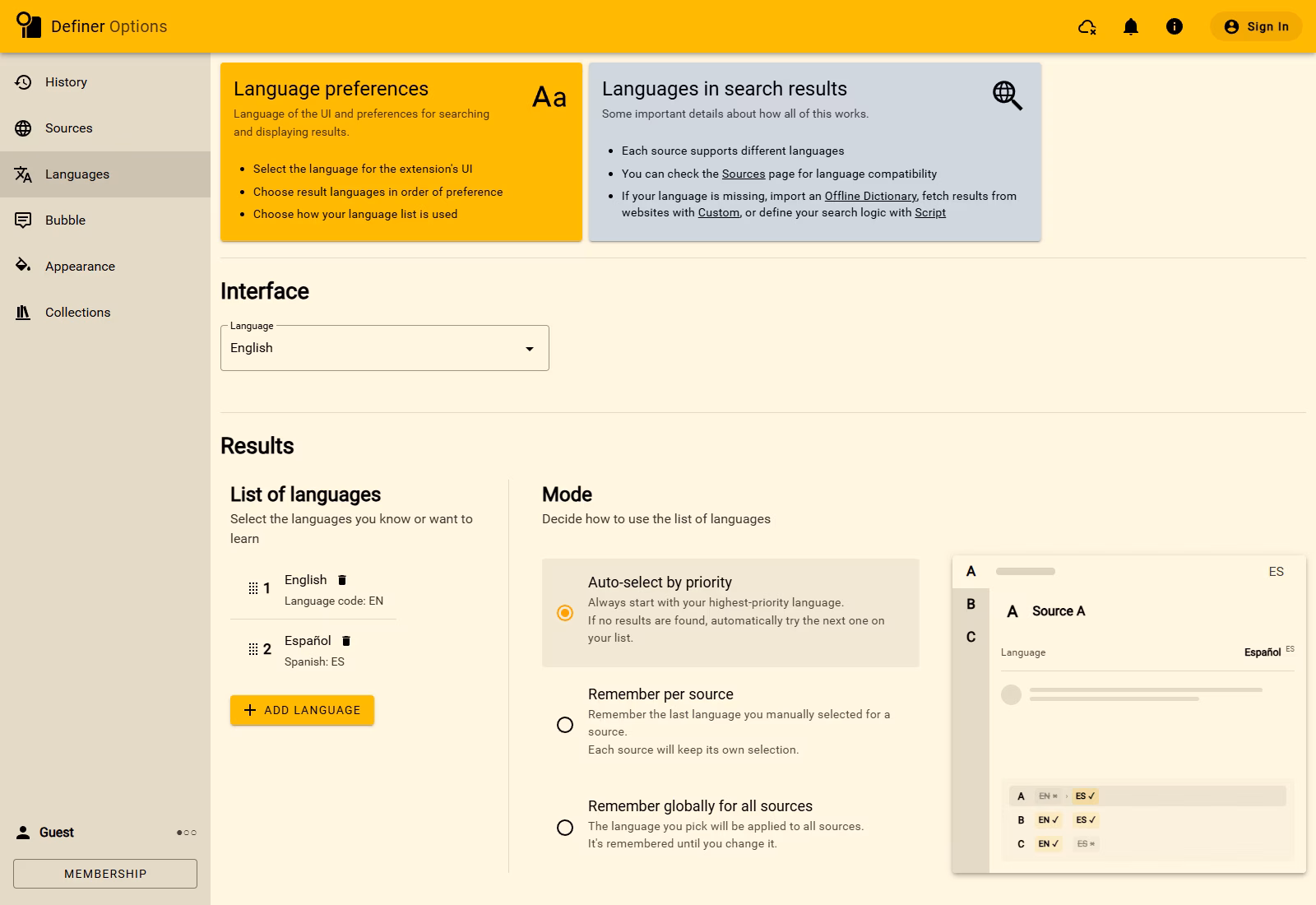The full Languages page showing English and Spanish priority controls, drag handles, and remove actions