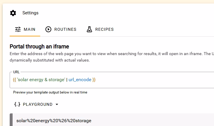 Custom Source URL field in Playground mode showing a fixed url_encode expression and its rendered output
