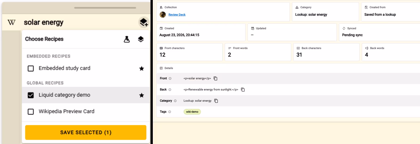 Choose Recipes with Liquid category demo selected beside the matching saved item expanded to show Lookup: solar energy
