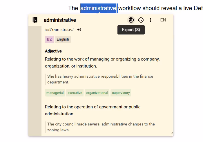 A normal unpinned Bubble beside selected text after its Lumtionary result has been saved