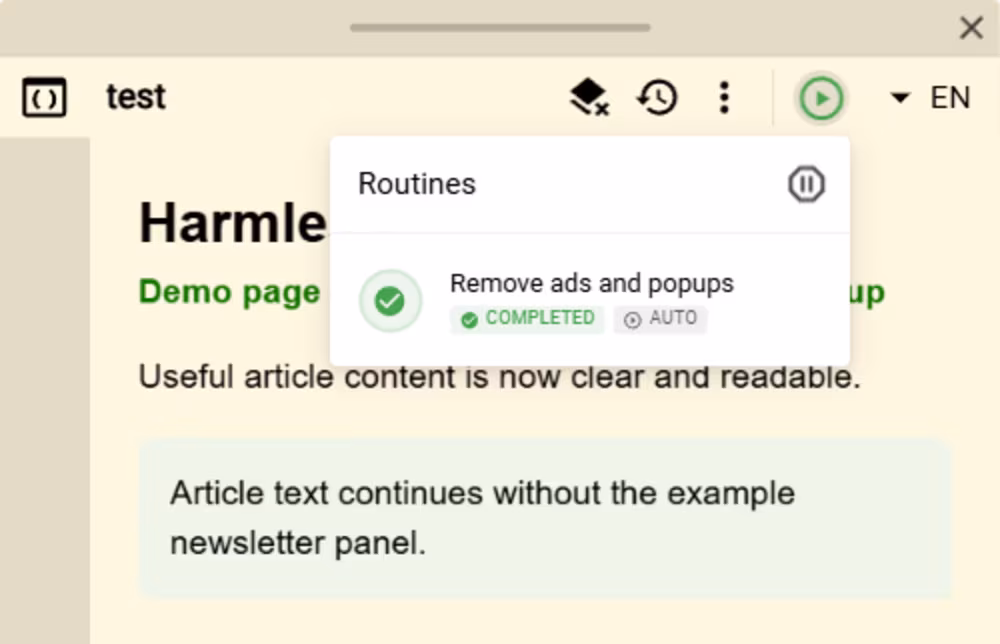 The cleaned source result with the Remove ads and popups Routine marked Completed and Auto