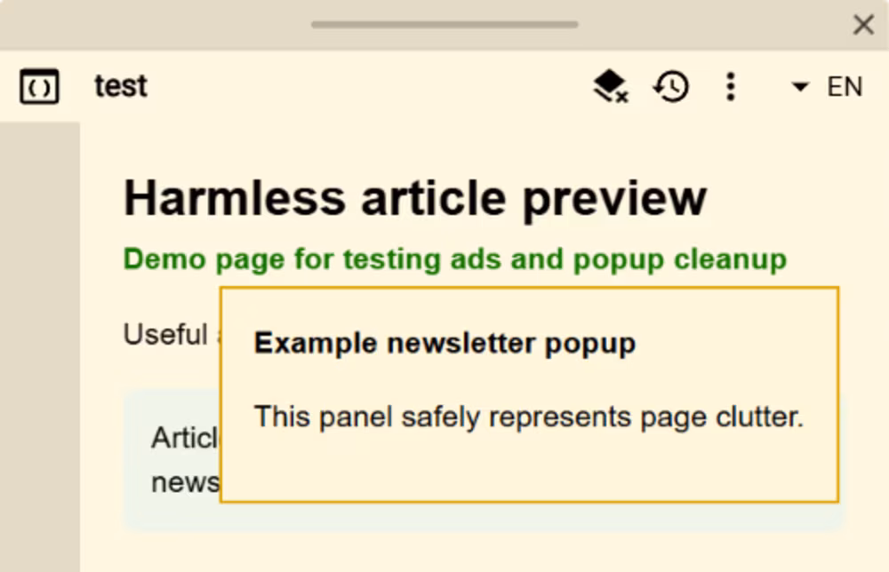 A source result before Adblock removes a newsletter panel that covers the useful page