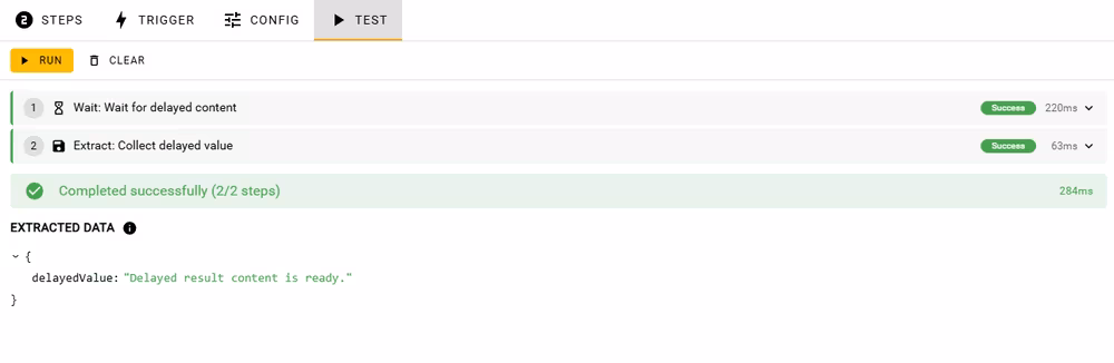 A successful Routine Test in which Wait finishes before Extract returns the delayed content