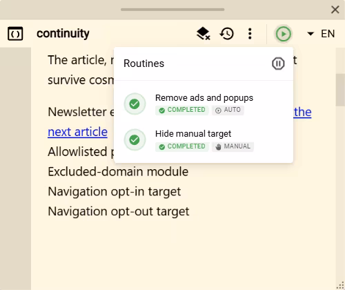 A normal lookup with the Routines menu open after the manual Hide action has completed