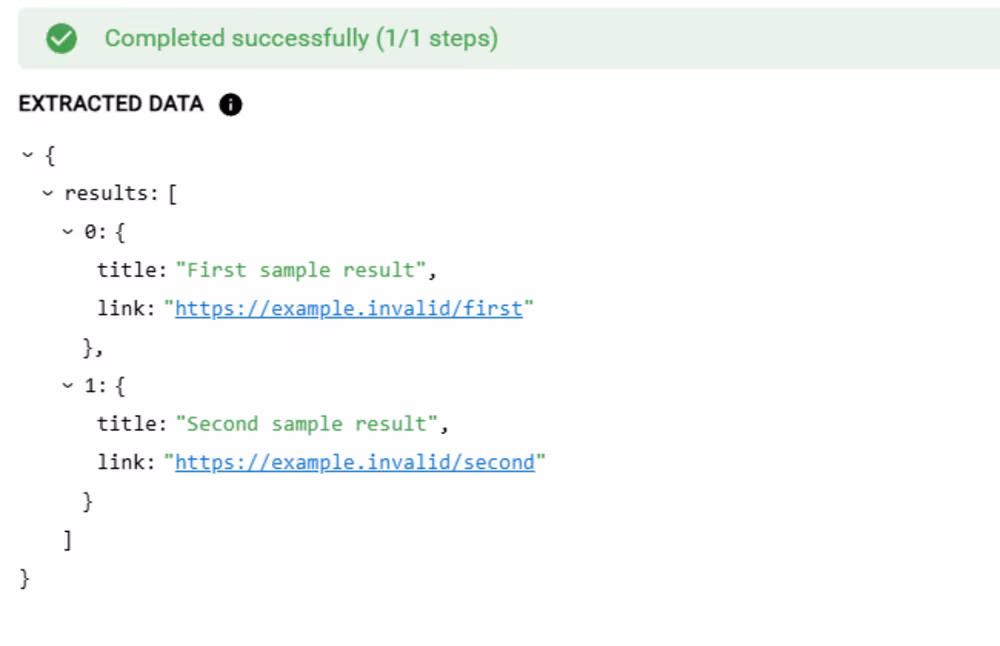 The successful Loop output with two result objects, each containing a title and link