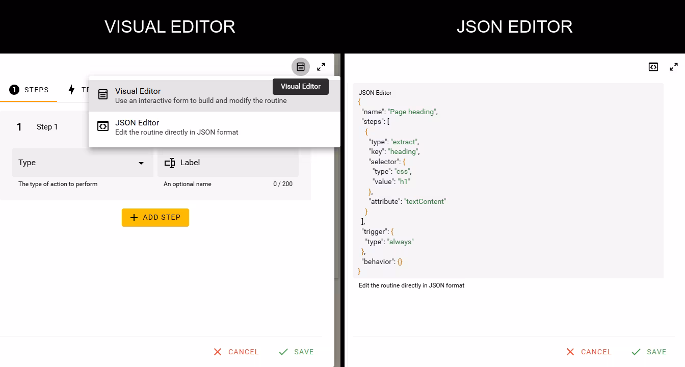 Switching from Visual Editor to JSON Editor and editing a short valid Routine object