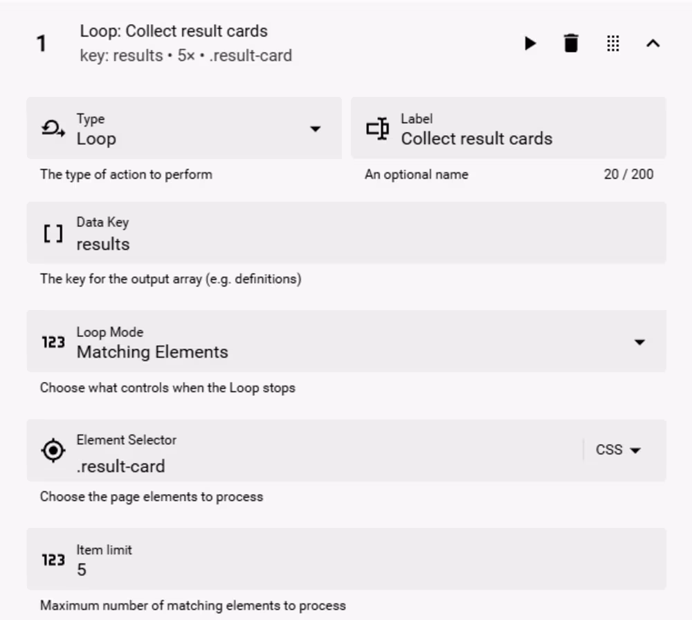 Matching Elements Loop configured to collect up to five result cards