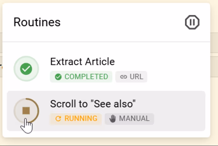 The manual Routine in the Running state with its stop control available