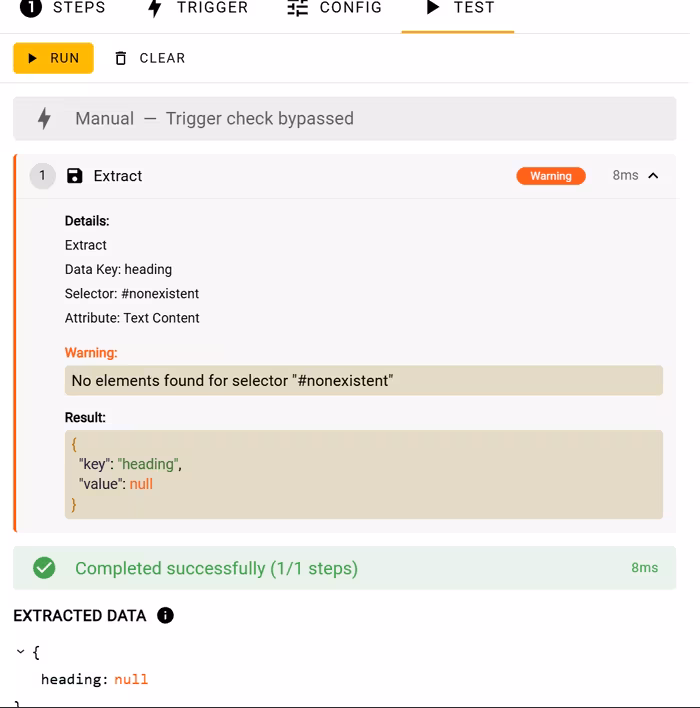Routine Test showing the element-not-found warning for a selector that does not match the preview